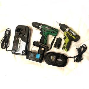 Hitachi & Rockwell Cordless driver drill sets 2 tools, 2 chargers, 2 batteries